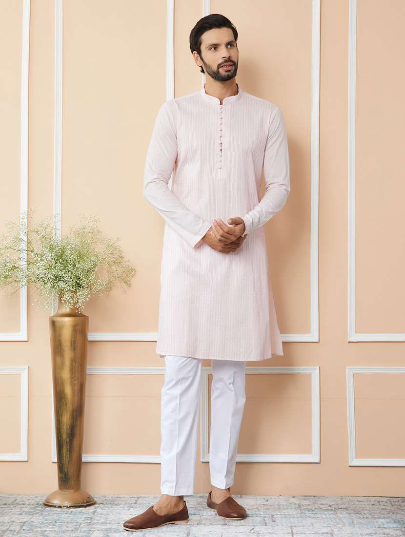 men solid with work mandarin neck long kurta - 22392157 -  Standard Image - 2