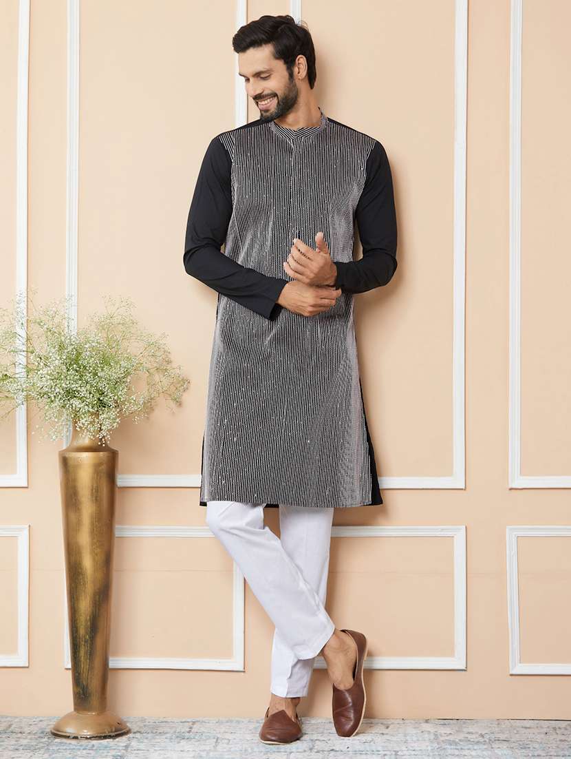 men solid with work mandarin neck long kurta - 22392159 -  Standard Image - 2