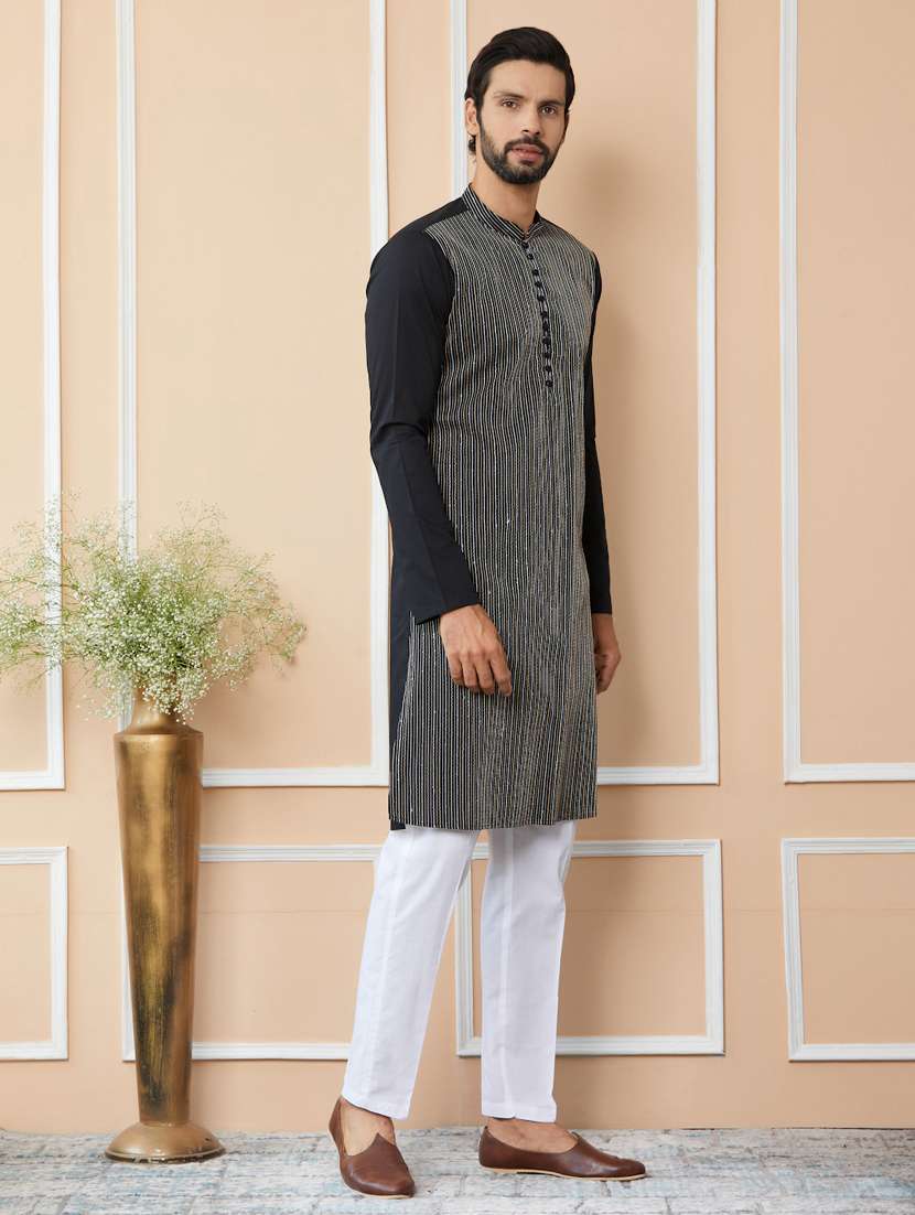 men solid with work mandarin neck long kurta - 22392161 -  Standard Image - 2