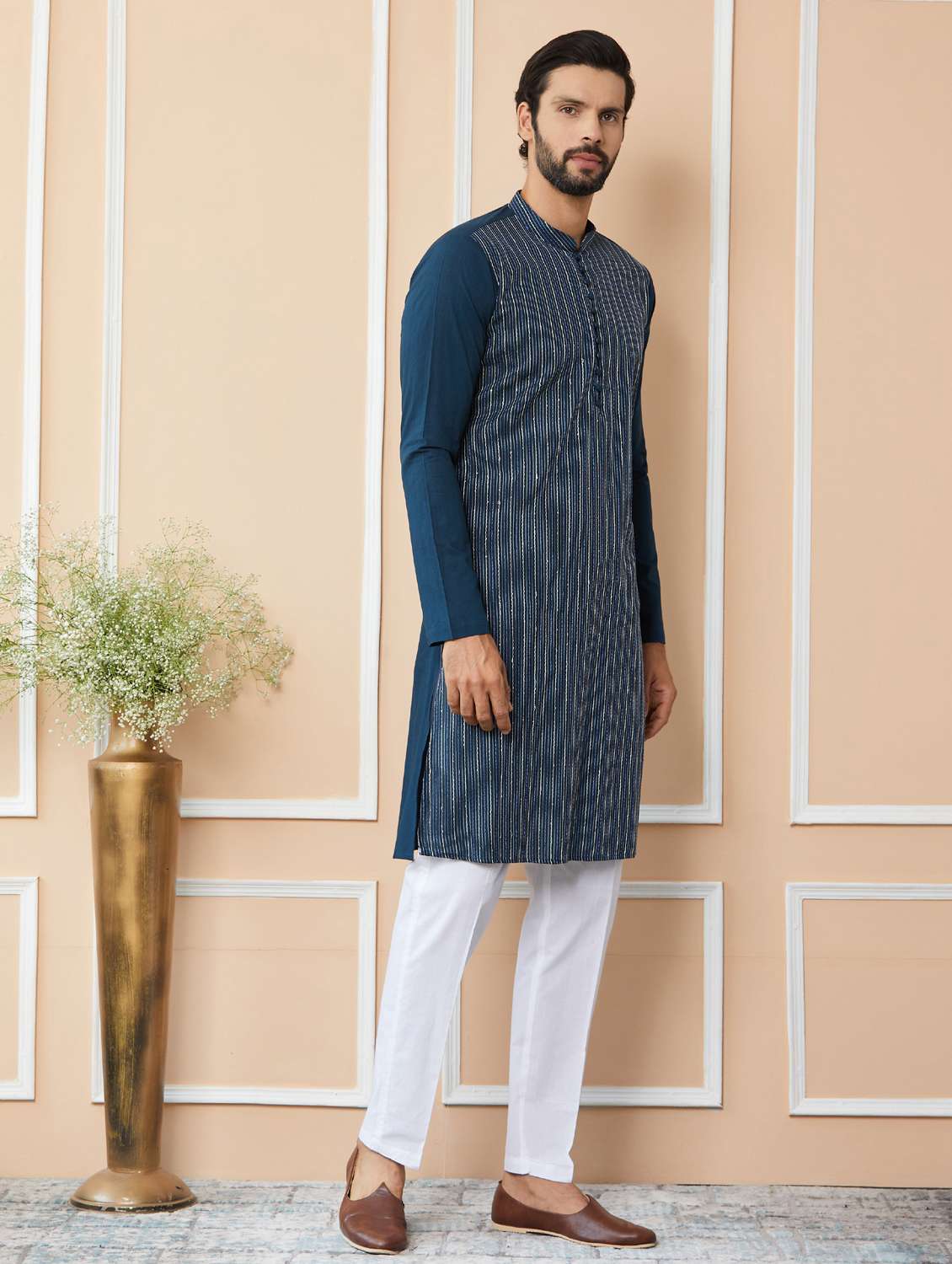 men solid with work mandarin neck long kurta - 22392175 -  Standard Image - 2