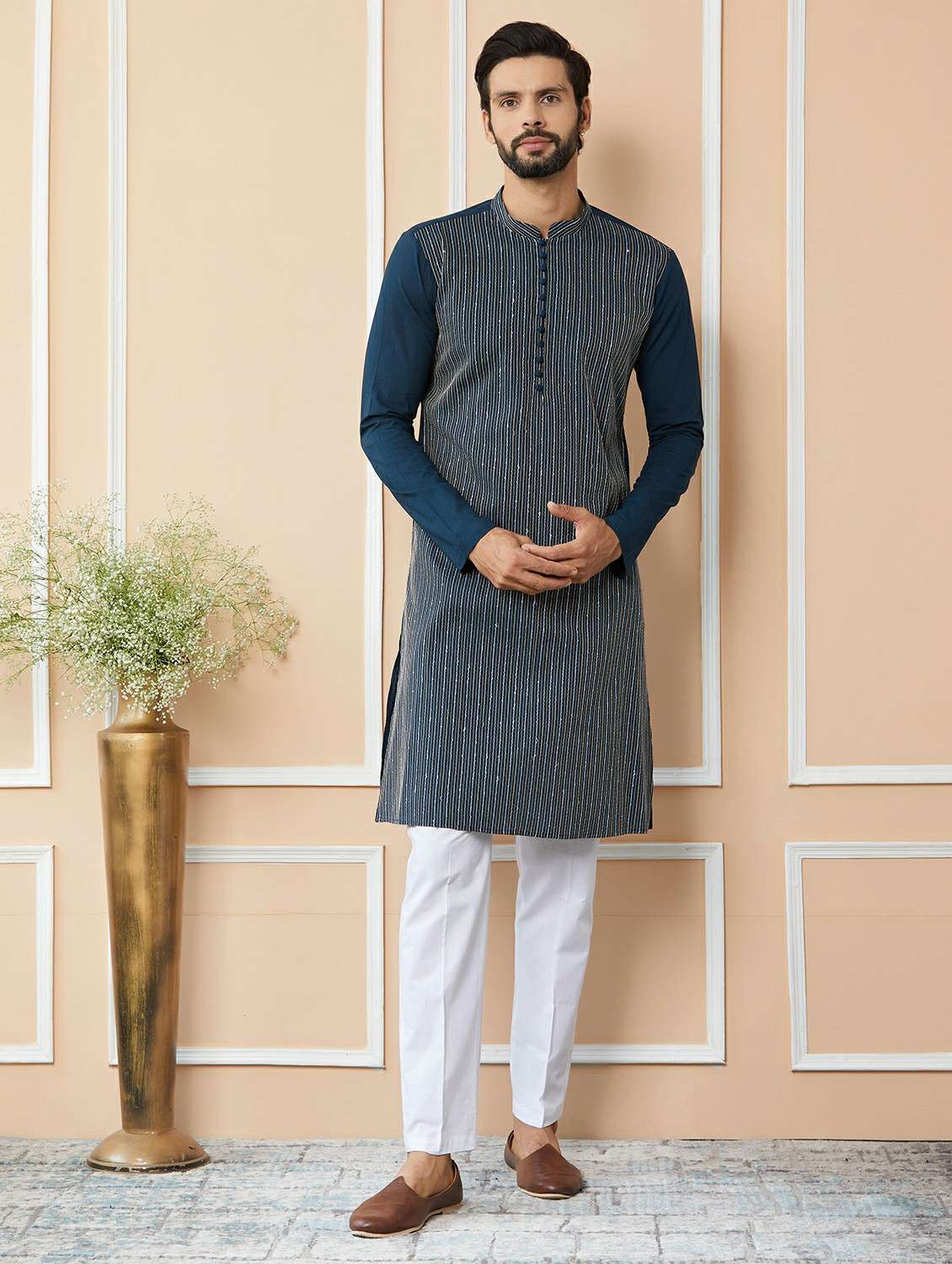 men solid with work mandarin neck long kurta - 22392178 -  Standard Image - 2