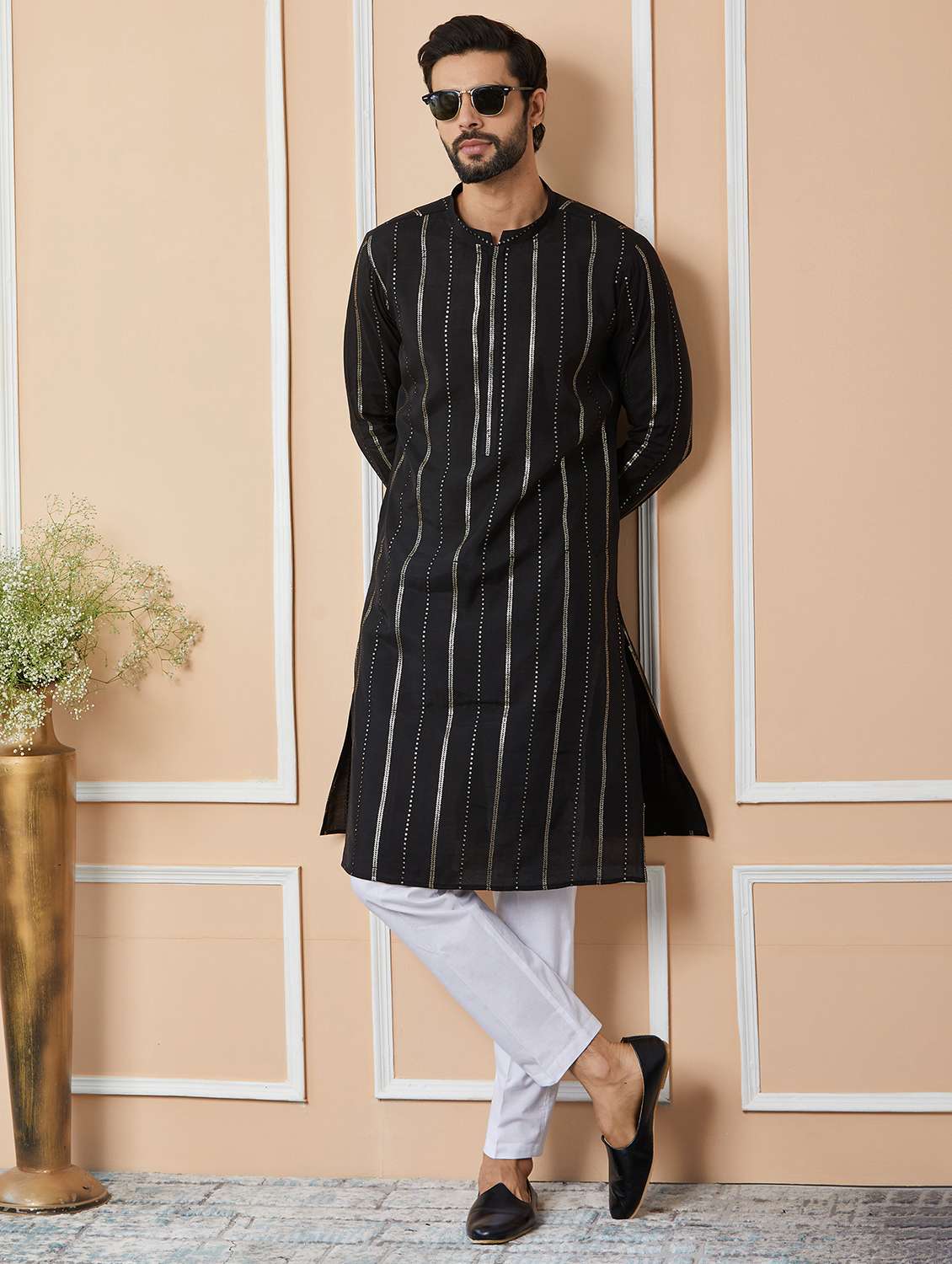 men solid with work mandarin neck long kurta - 22392184 -  Standard Image - 2