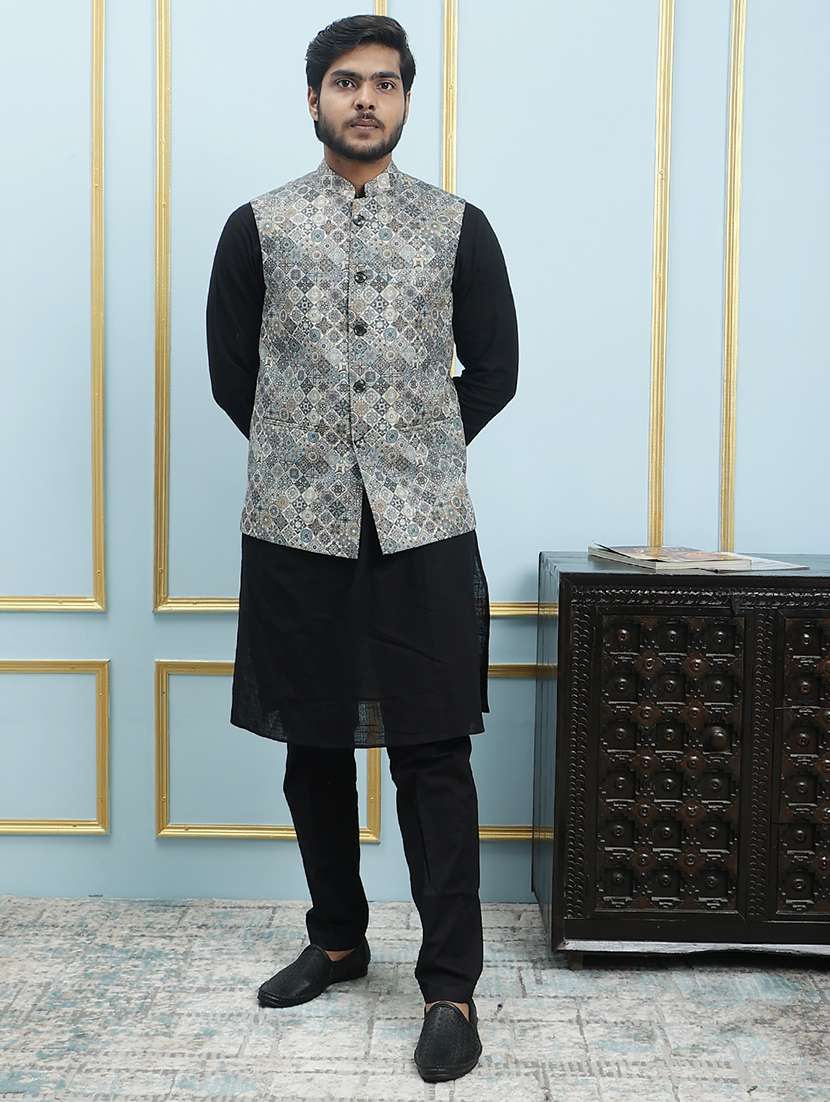 men printed sleeveless nehru jacket