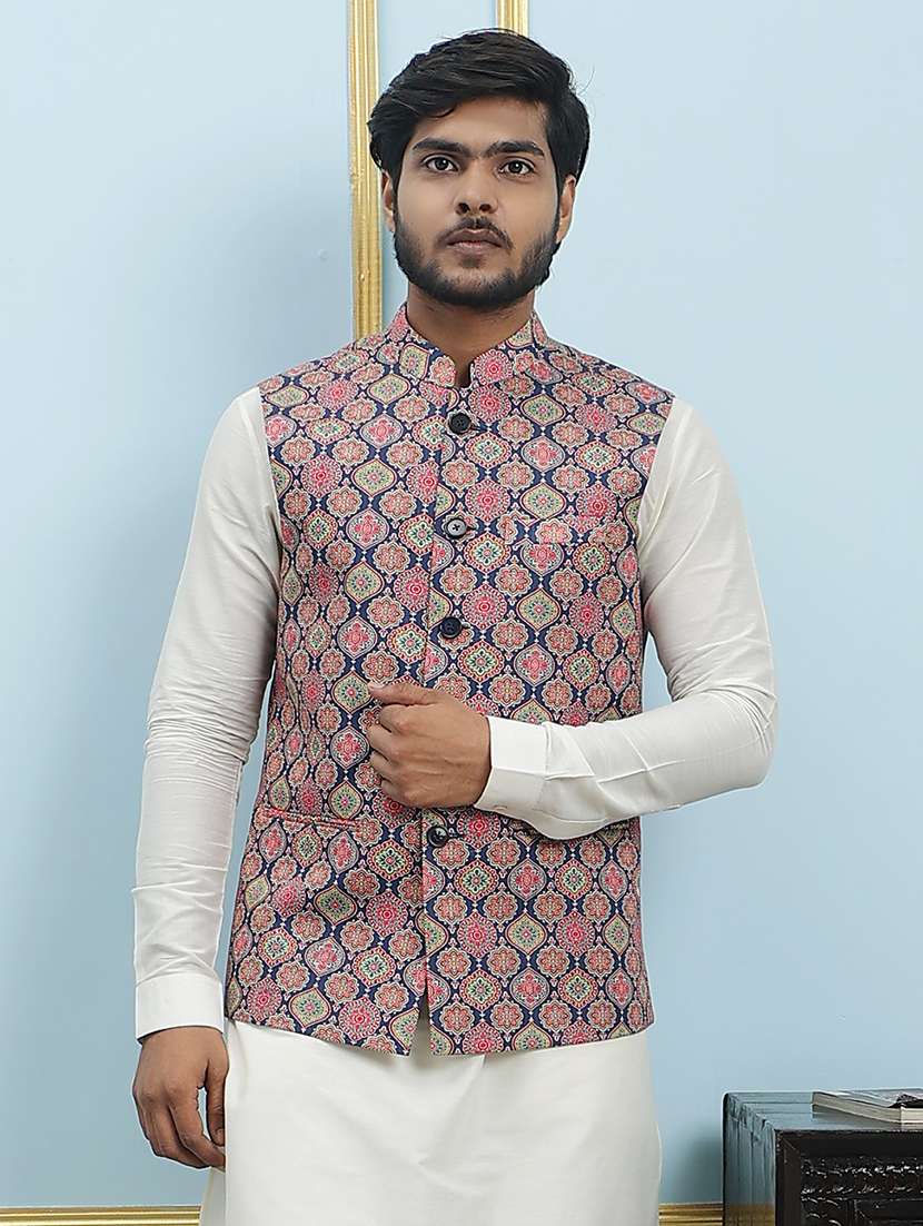men printed sleeveless nehru jacket