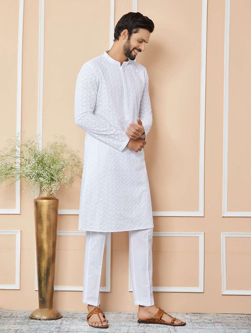 men solid with work mandarin neck long kurta - 22392221 -  Standard Image - 2