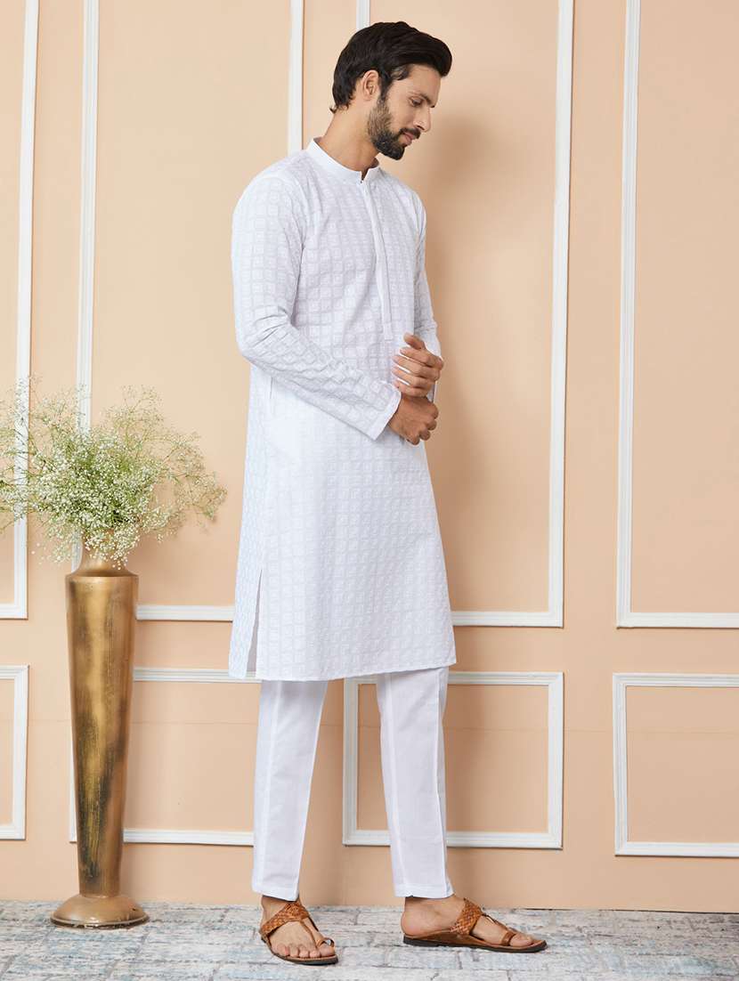 men solid with work mandarin neck long kurta - 22392230 -  Standard Image - 2