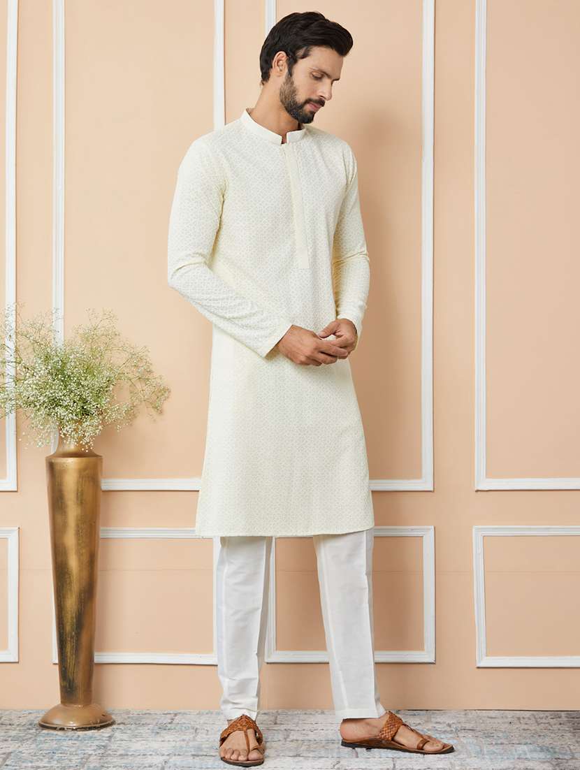 men solid with work mandarin neck long kurta - 22392233 -  Standard Image - 2