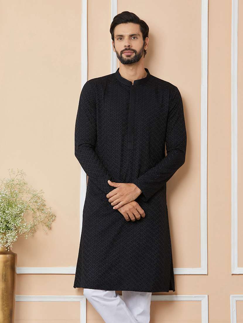 men solid with work mandarin neck long kurta - 22392238 -  Standard Image - 2