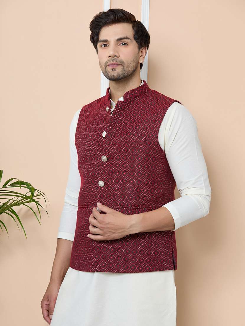 men self design mandarin neck nehru jacket - 22392239 -  Standard Image - 2