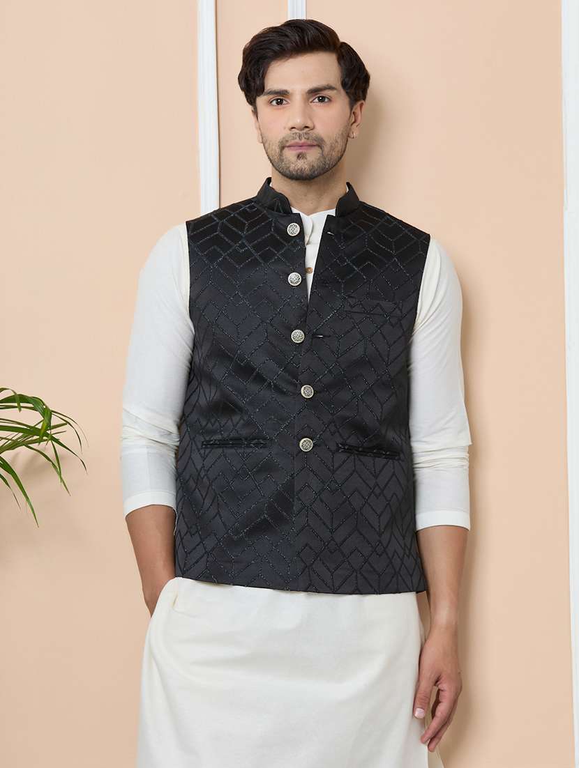 men self design mandarin neck nehru jacket - 22392243 -  Standard Image - 2