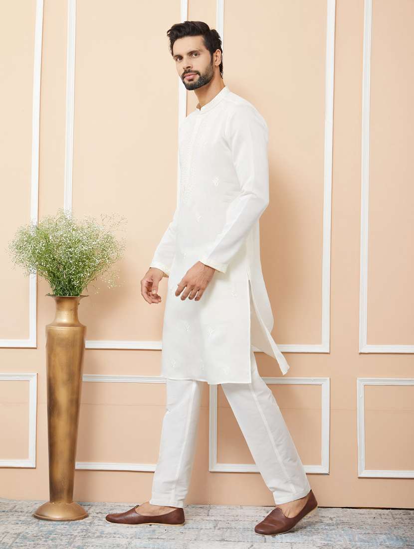 men solid with work mandarin neck long kurta - 22392244 -  Standard Image - 2