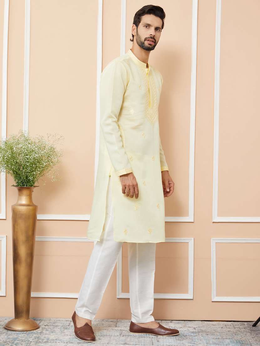 men solid with work mandarin neck long kurta - 22392252 -  Standard Image - 2