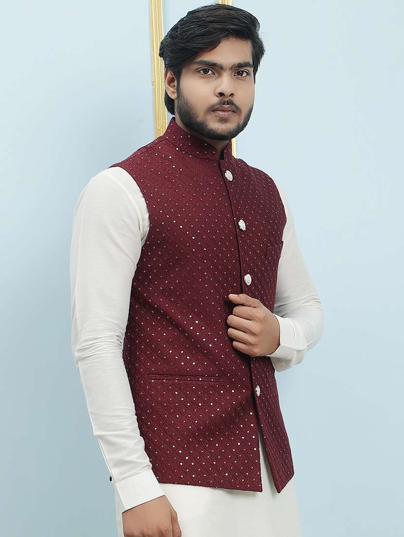 men solid with work mandarin neck nehru jacket
