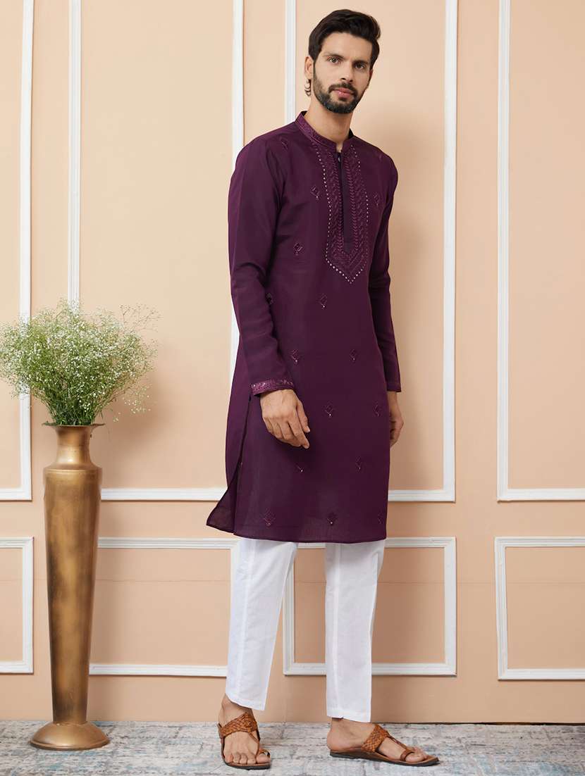 men solid with work mandarin neck long kurta - 22392269 -  Standard Image - 2