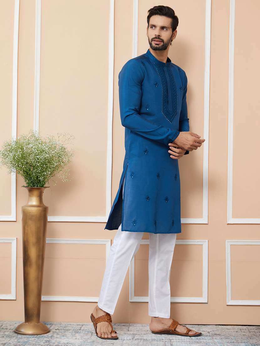 men solid with work mandarin neck long kurta - 22392271 -  Standard Image - 2