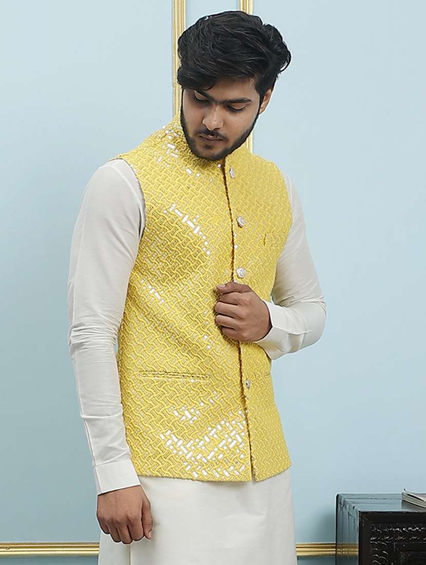 men solid with work mandarin neck nehru jacket - 22392272 -  Standard Image - 2