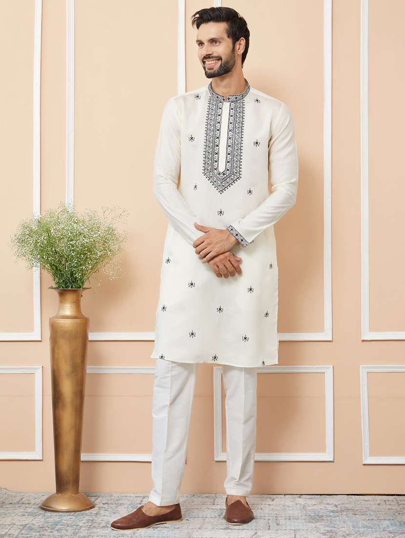 men solid with work mandarin neck long kurta - 22392277 -  Standard Image - 2