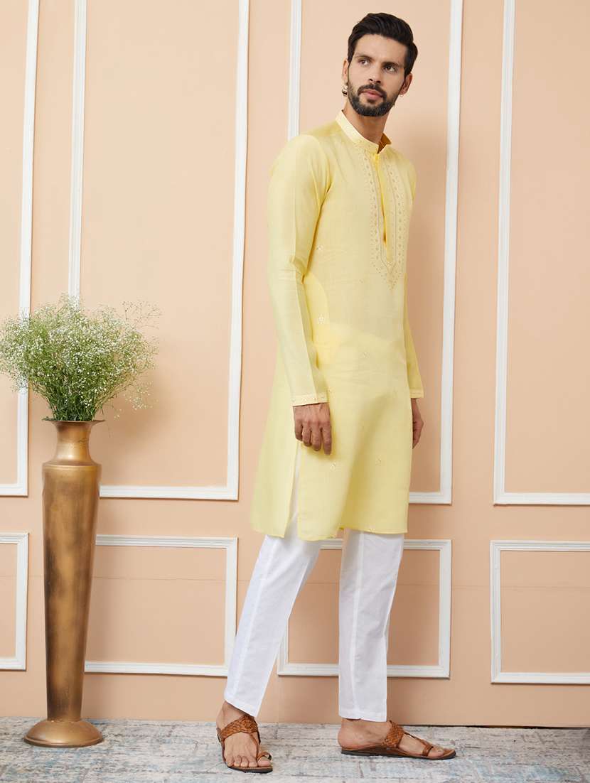 men solid with work mandarin neck long kurta - 22392279 -  Standard Image - 2