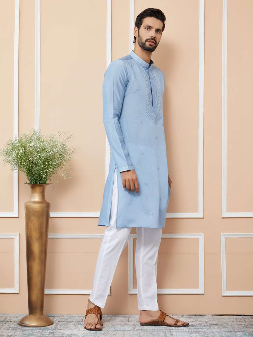 men solid with work mandarin neck long kurta - 22392287 -  Standard Image - 2