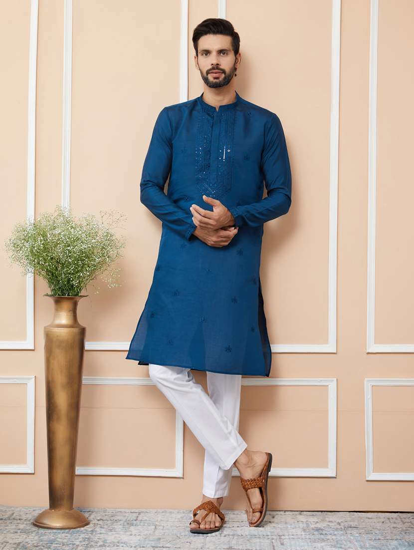 men solid with work mandarin neck long kurta - 22392289 -  Standard Image - 2