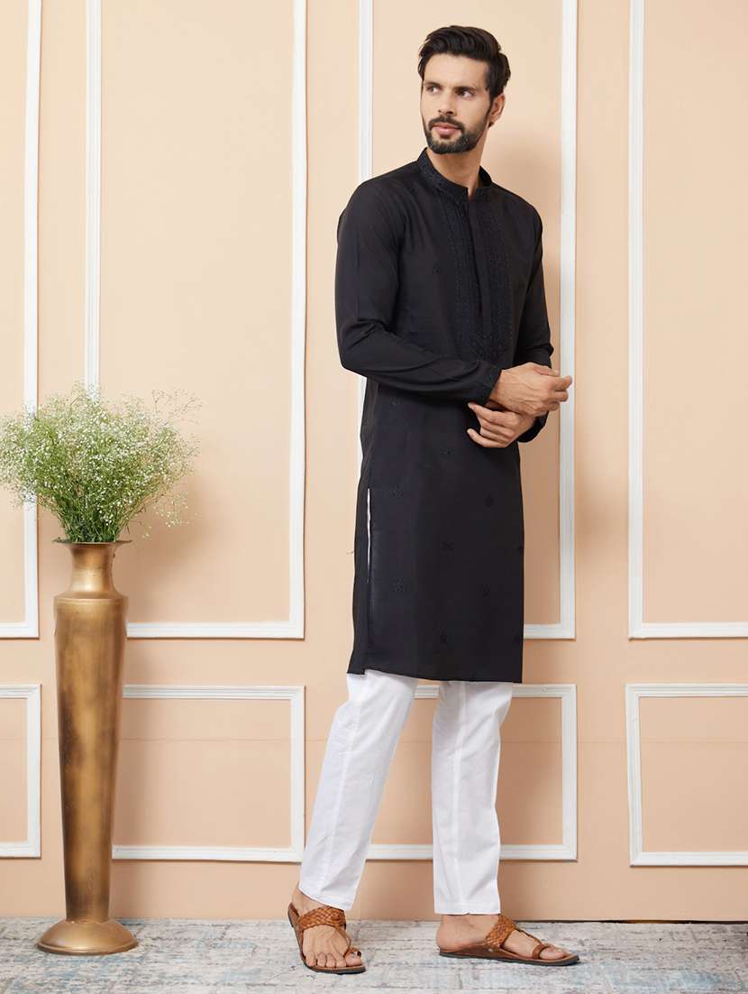 Men Solid With Work Mandarin Neck Long Kurta - 22392295 -  Standard Image - 2