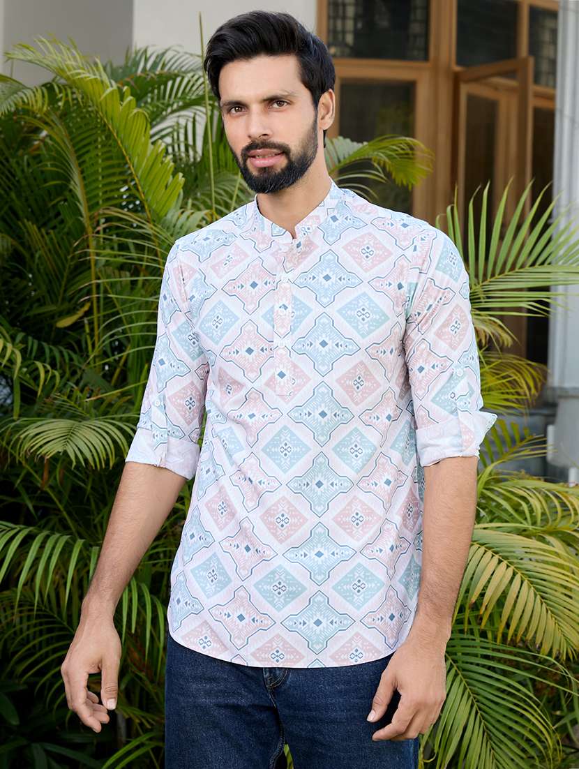 men mandarin neck roll-up sleeve short kurta - 22392442 -  Standard Image - 2