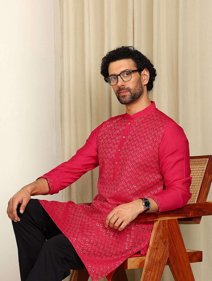 men solid with work mandarin neck long kurta - 22392569 -  Standard Image - 2