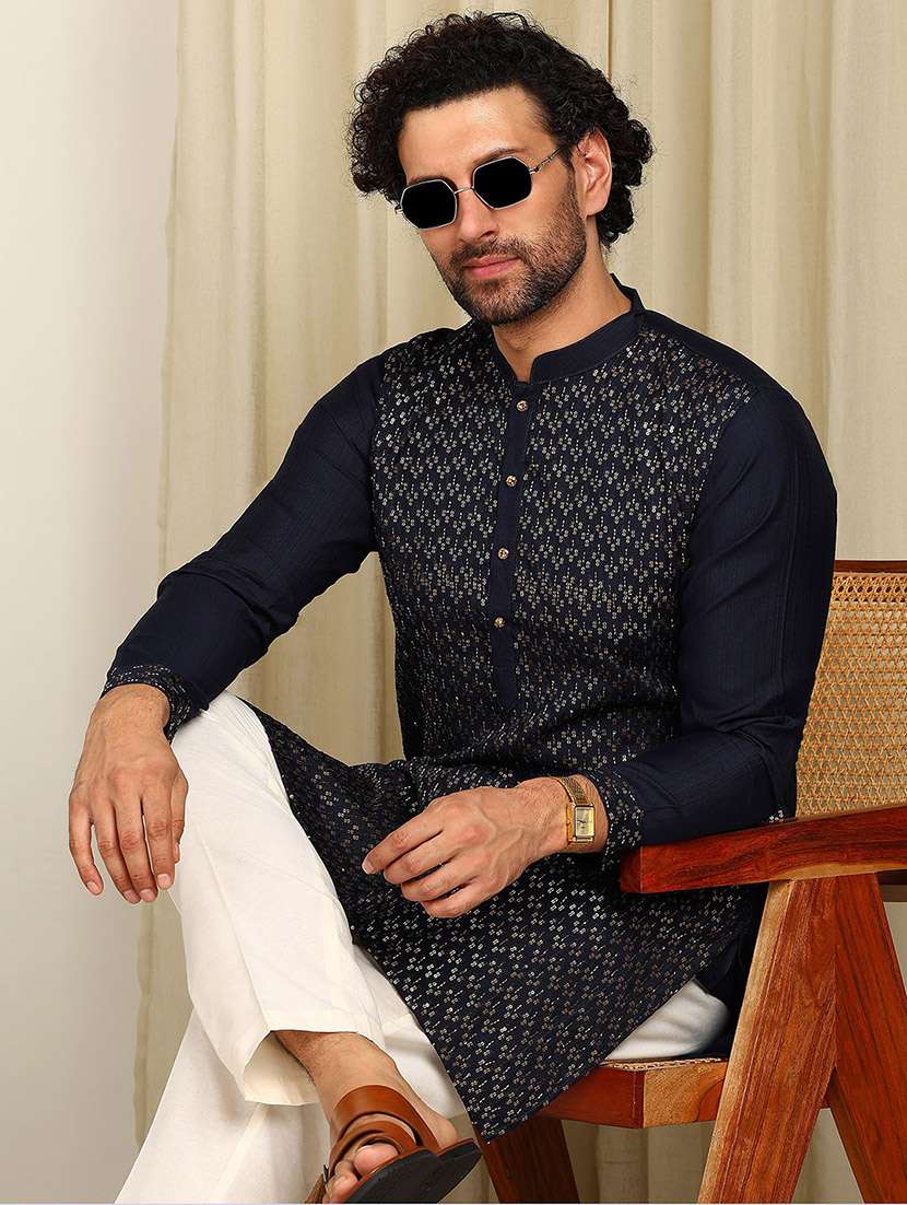 men solid with work mandarin neck long kurta - 22392570 -  Standard Image - 2