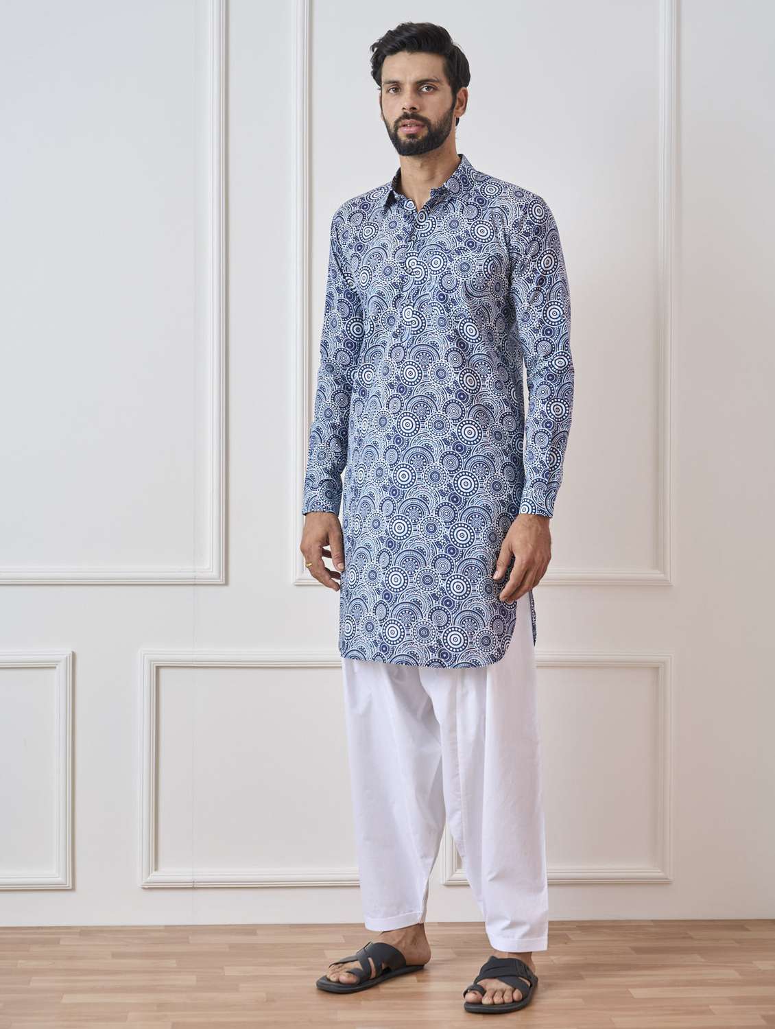 men printed collared long sleeve pathani kurta - 22392711 -  Standard Image - 2