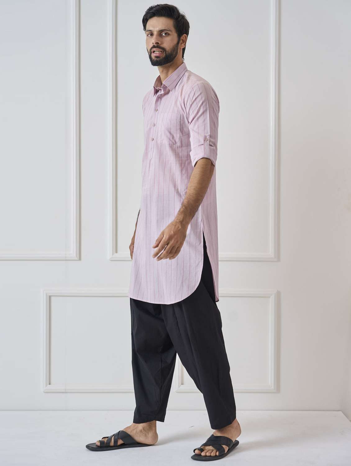 men collared long sleeve pathani kurta - 22392713 -  Standard Image - 2