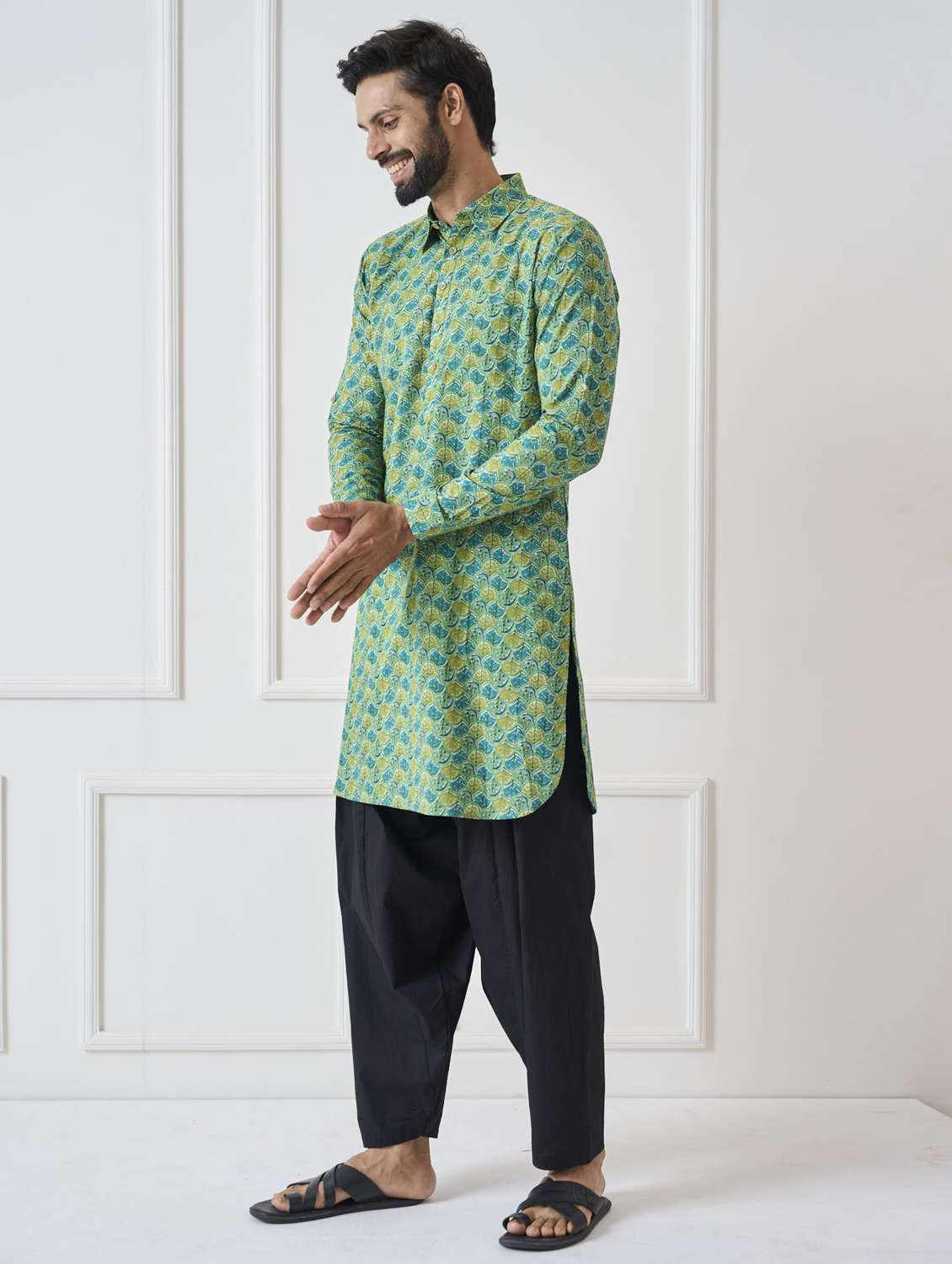 men collared long sleeve pathani kurta - 22392714 -  Standard Image - 2