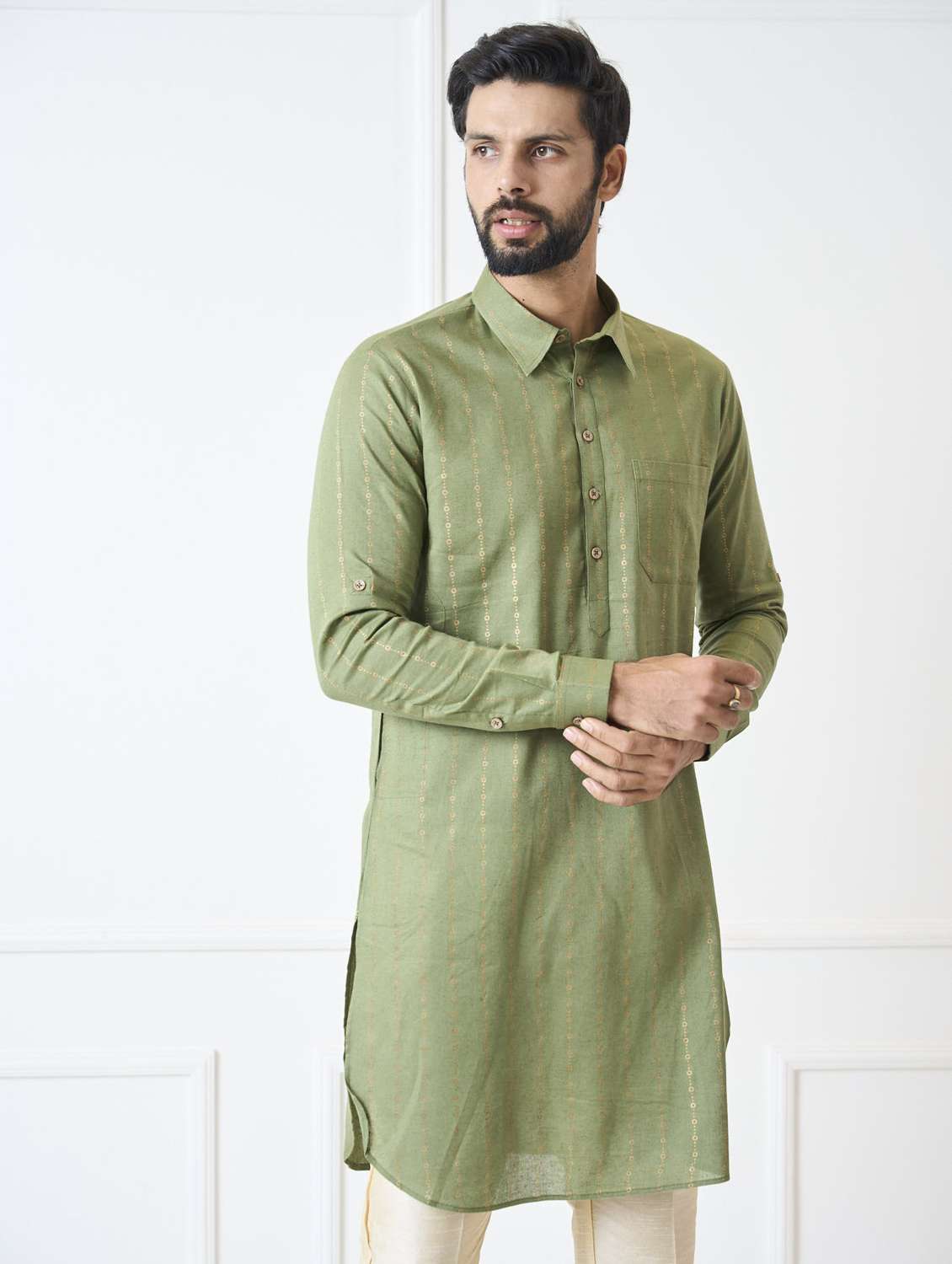 men collared long sleeve pathani kurta - 22392715 -  Standard Image - 2