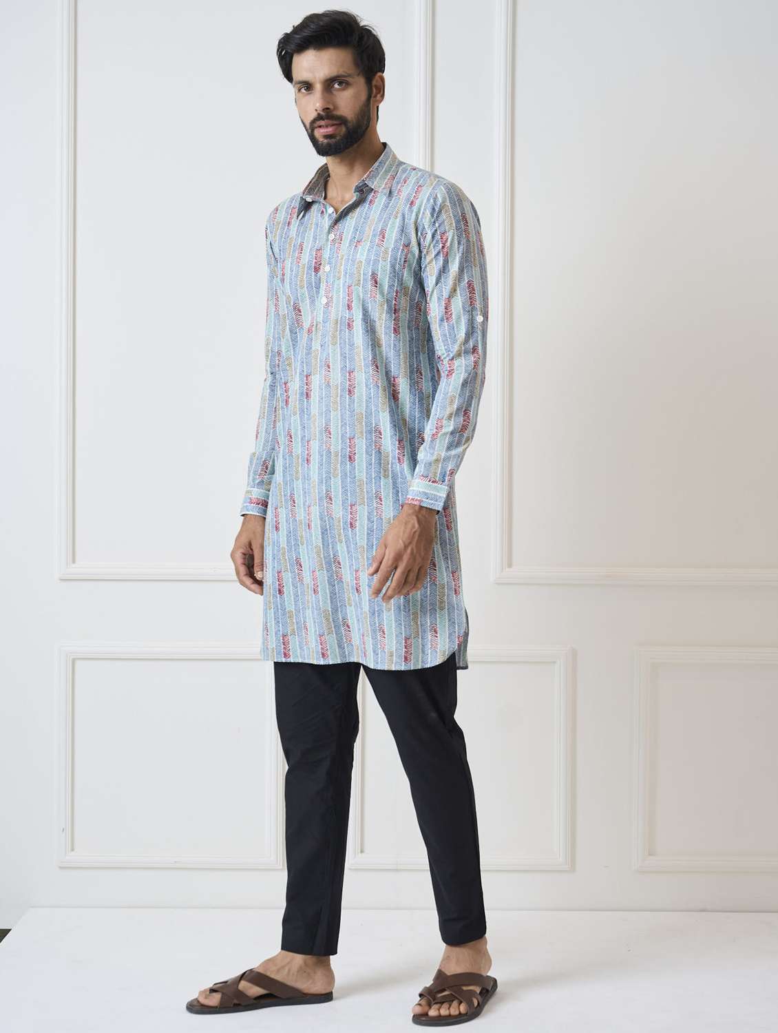men printed long sleeve pathani kurta - 22392724 -  Standard Image - 2
