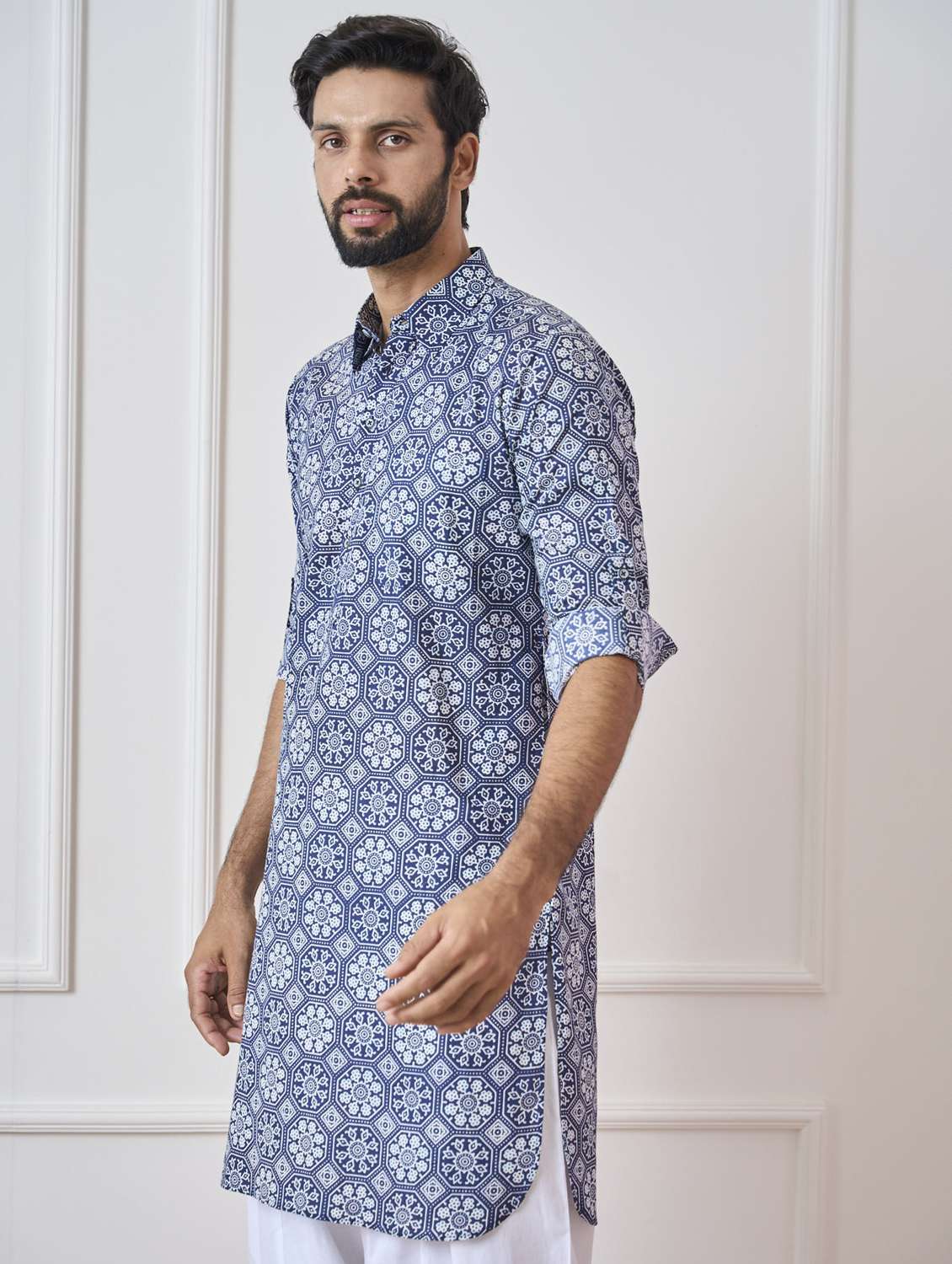 men printed long sleeve pathani kurta - 22392725 -  Standard Image - 2