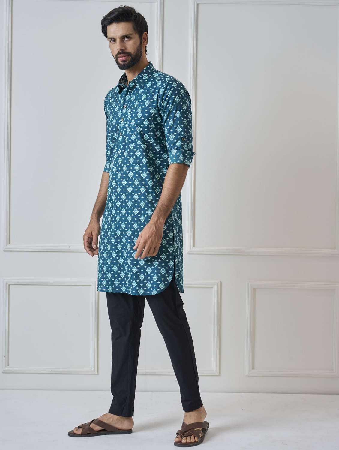 men printed long sleeve pathani kurta - 22392726 -  Standard Image - 2