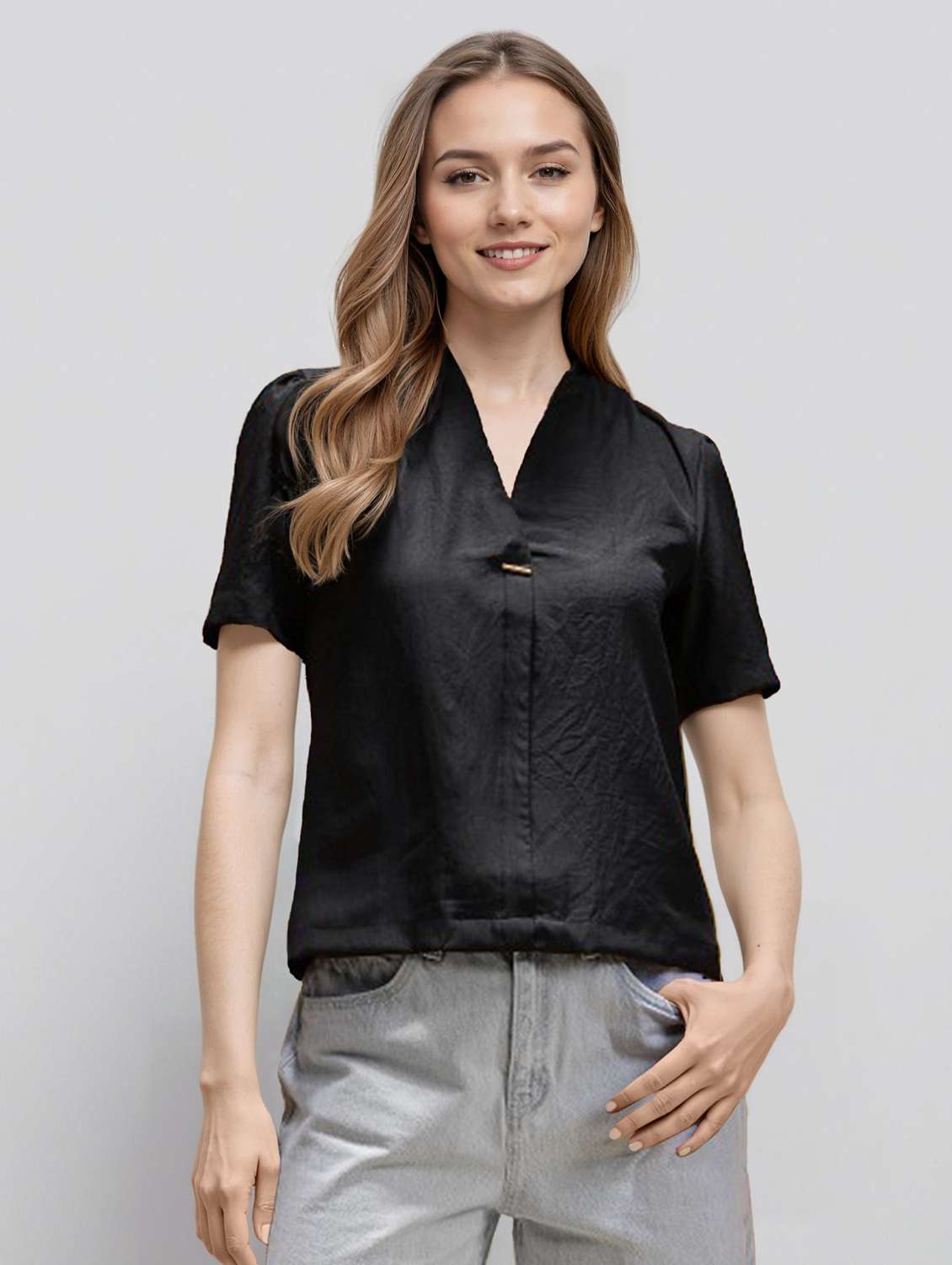 women solid puff sleeve straight top - 22392763 -  Standard Image - 2