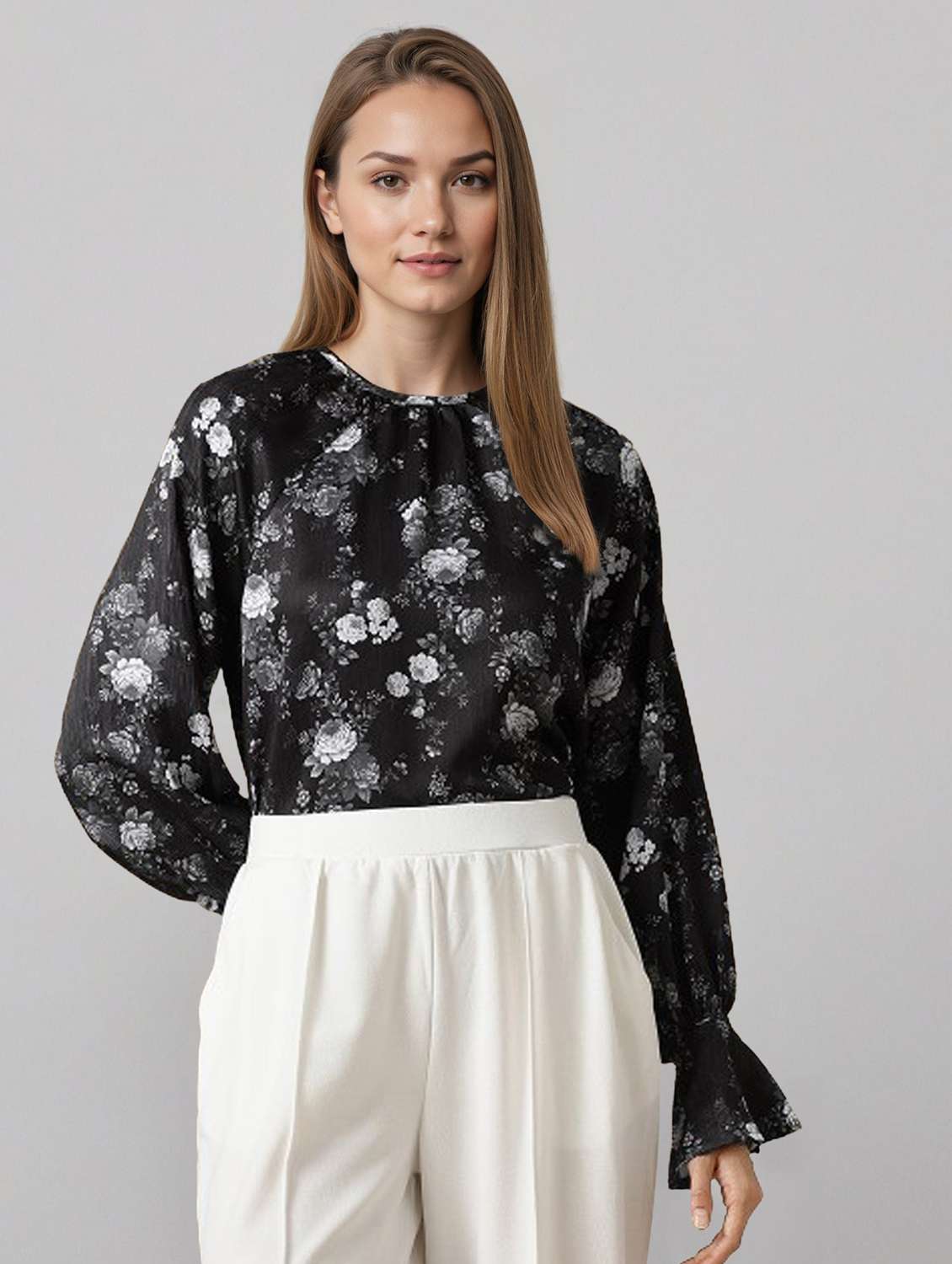 women printed bell sleeve straight top - 22392767 -  Standard Image - 2