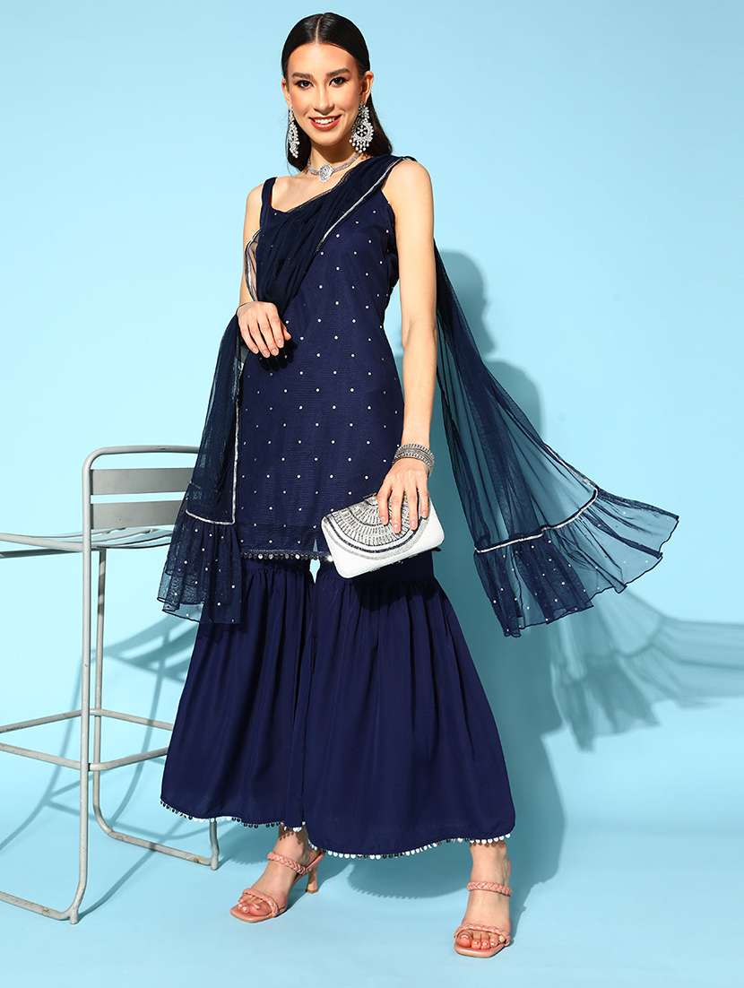 women printed sleeveless kurta sharara with dupatta set