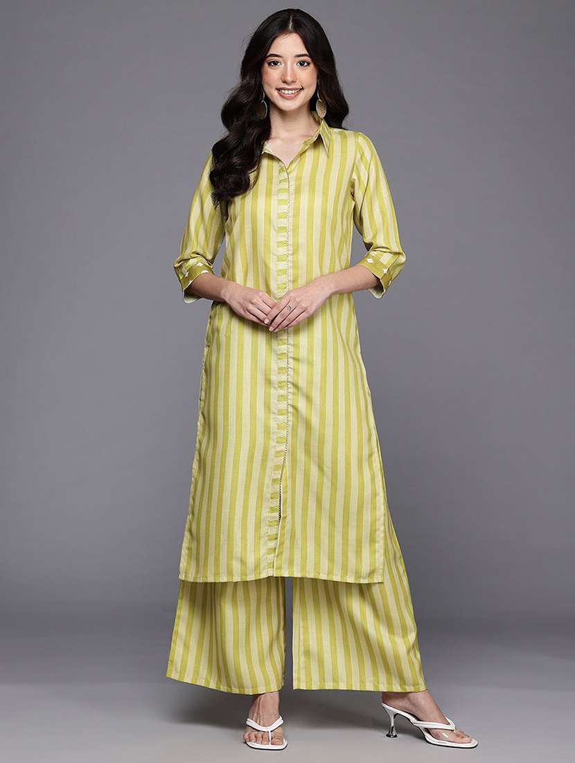 women striped three quarter sleeve kurta palazzo set - 22392792 -  Standard Image - 2
