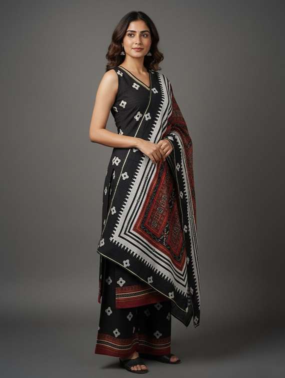 women printed sleeveless kurta palazzo with dupatta set - 22392799 -  Standard Image - 2