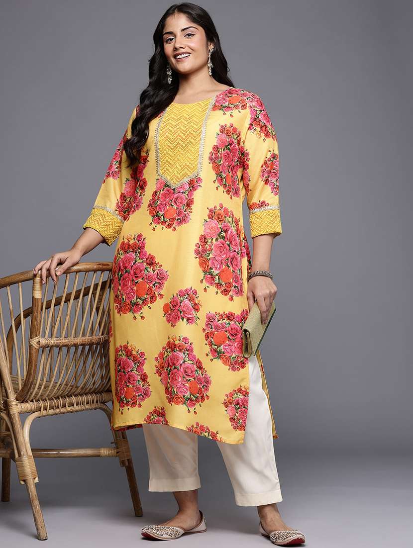 women floral three quarter sleeve straight kurta - 22392842 -  Standard Image - 2
