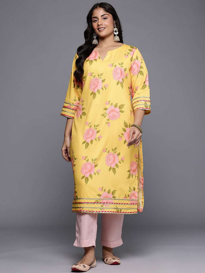 women floral printed three quarter sleeve straight kurta - 22392845 -  Standard Image - 2