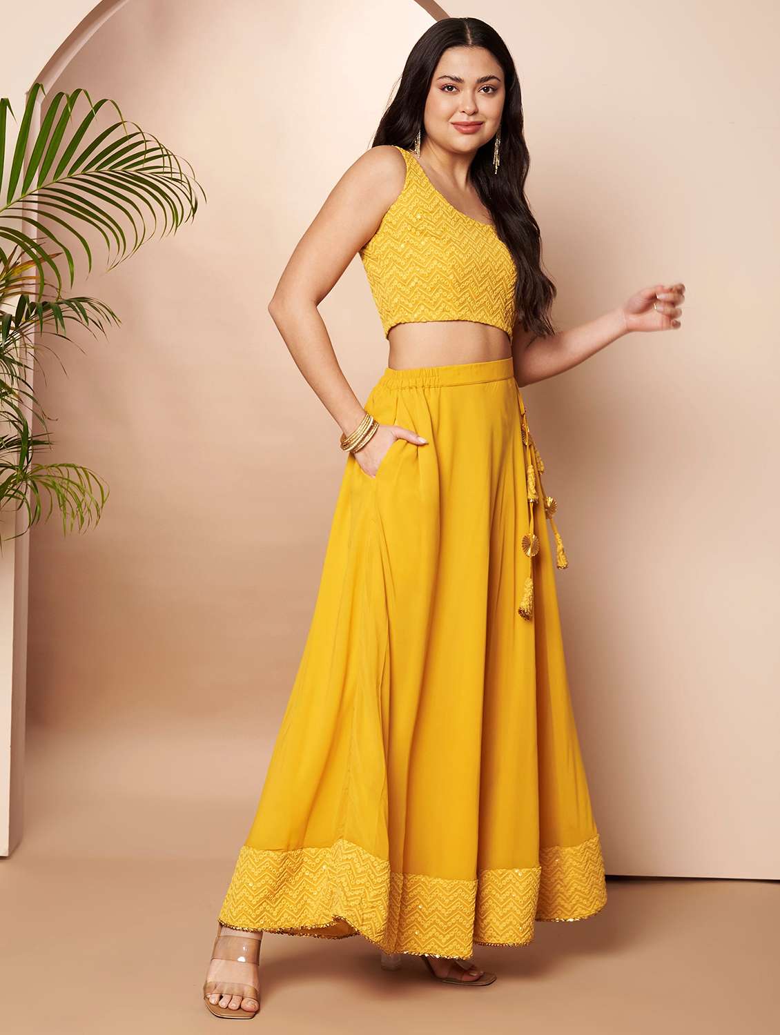 women solid with work flared stitched lehenga - 22392857 -  Standard Image - 2