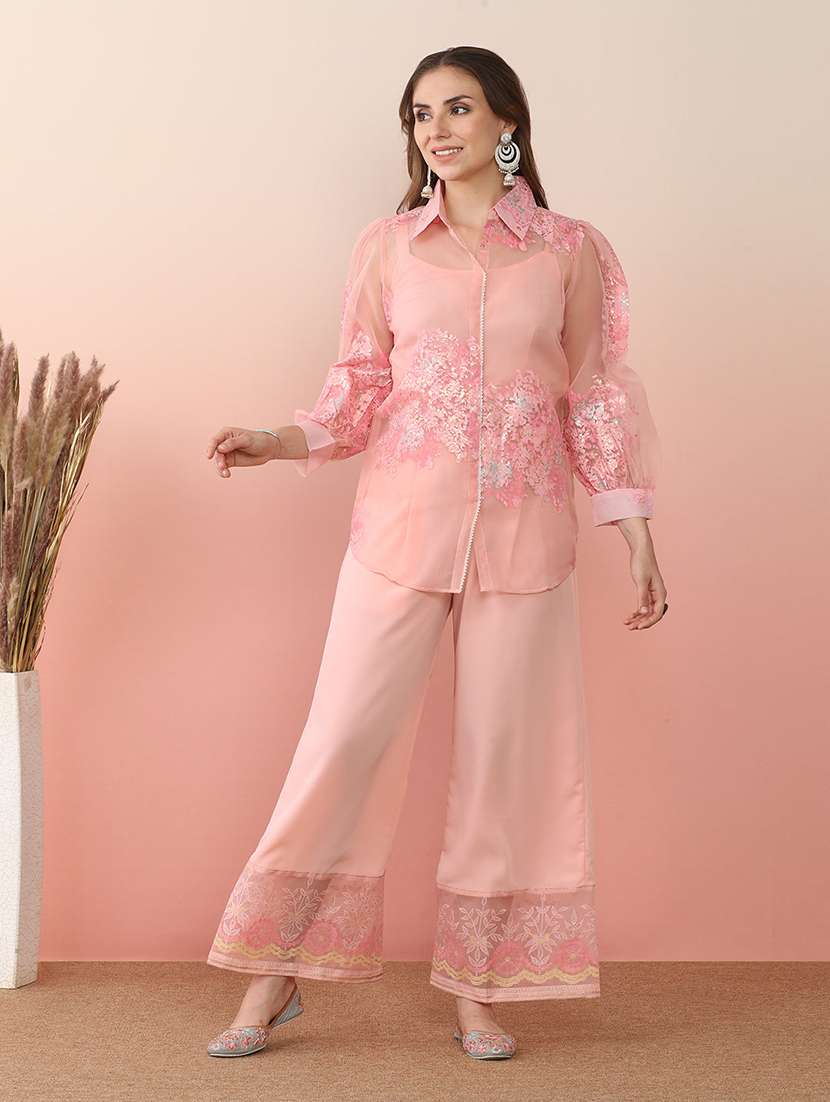women solid with work long sleeve ethnic co-ord set