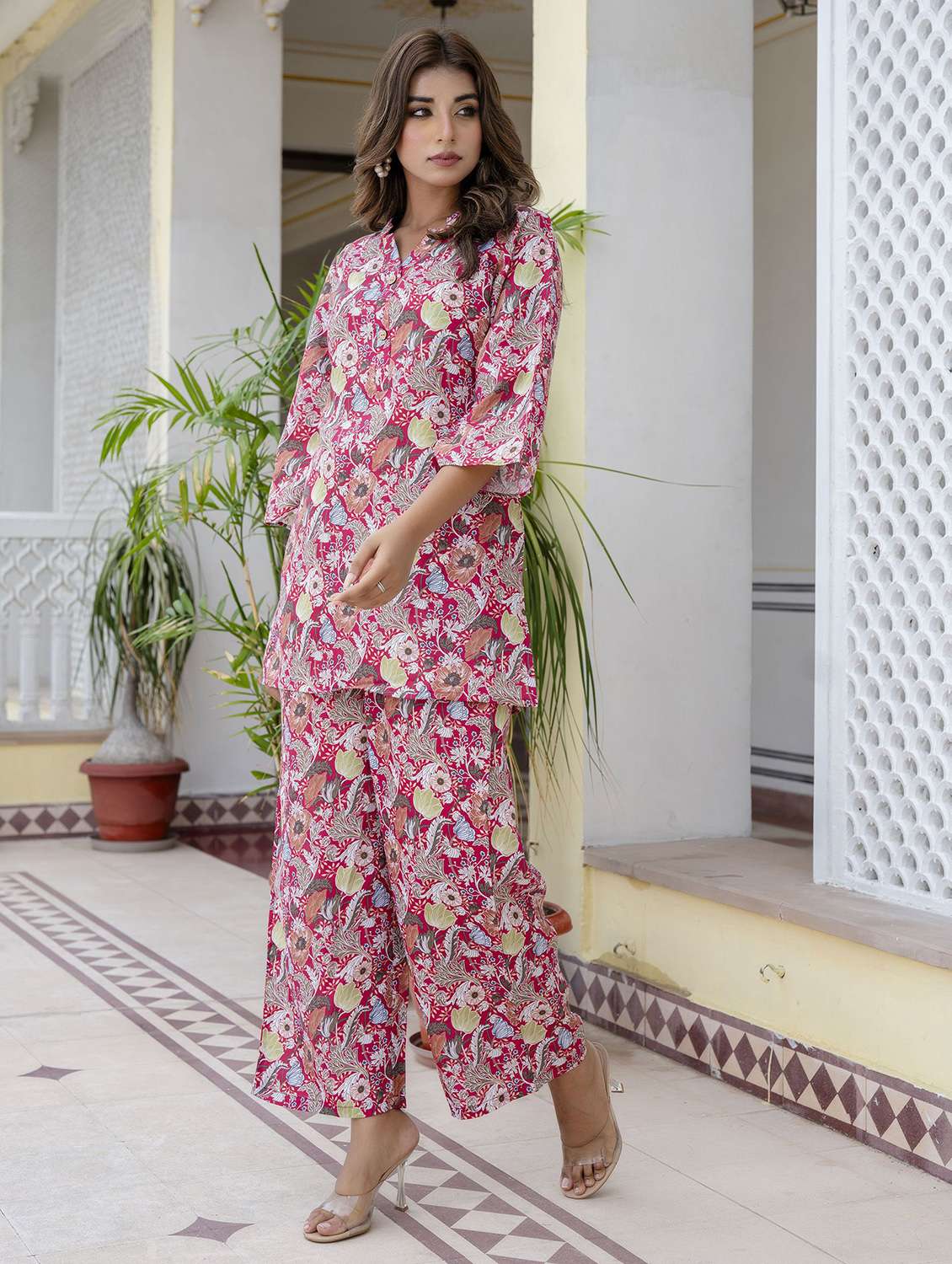 women printed three quarter sleeve ethnic co-ord set