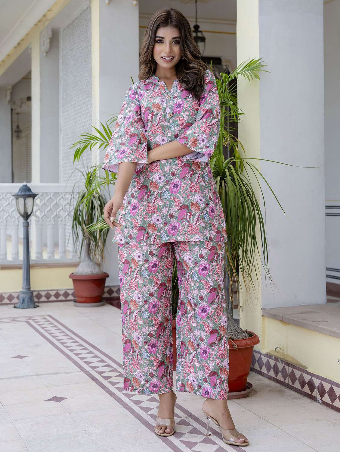 women printed three quarter sleeve ethnic co-ord set