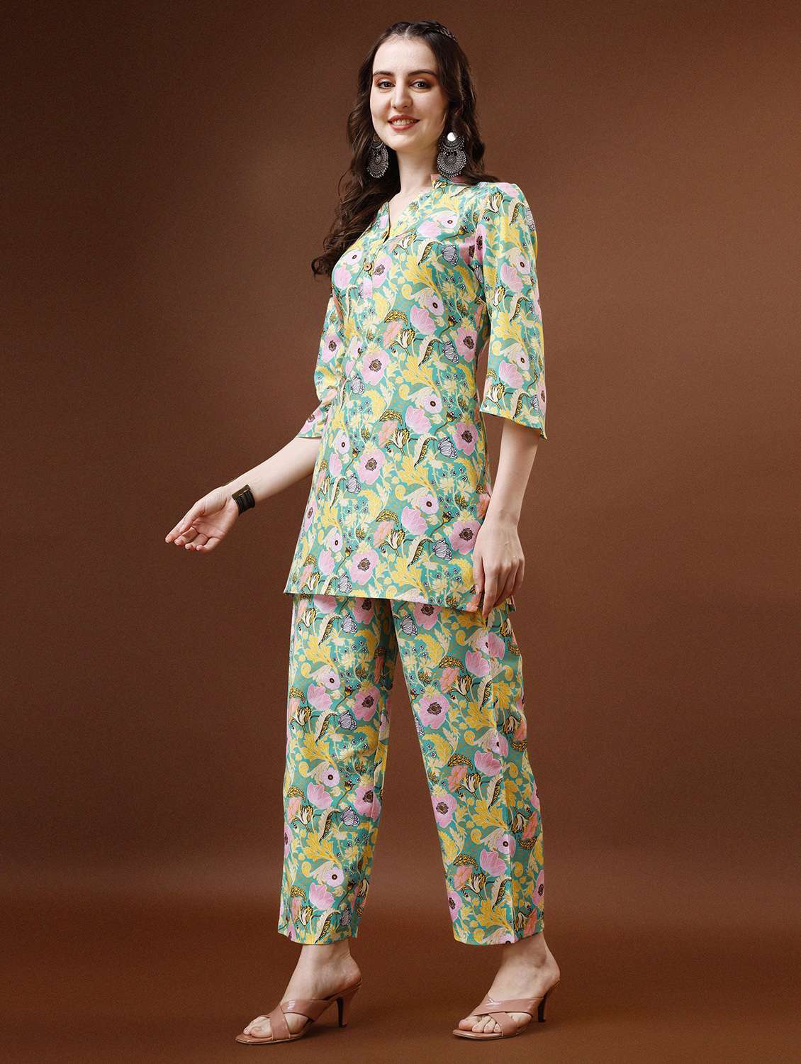 women printed three quarter sleeve ethnic co-ord set - 22392987 -  Standard Image - 2