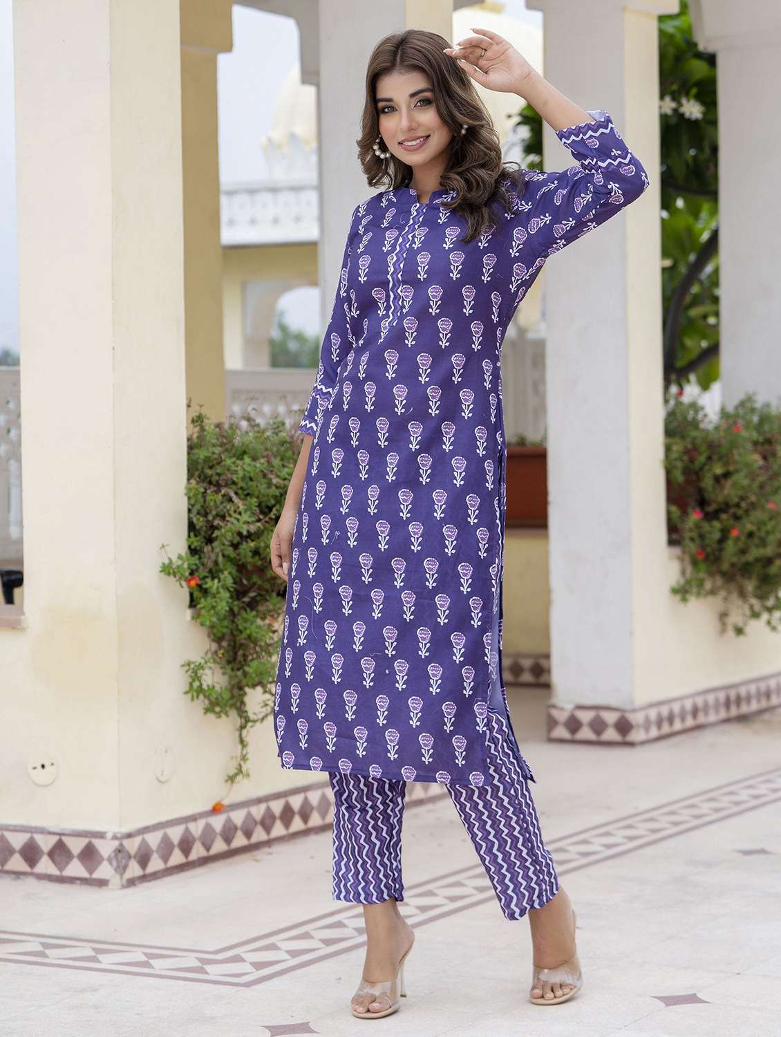 women printed three quarter sleeve kurta pant set - 22393006 -  Standard Image - 2