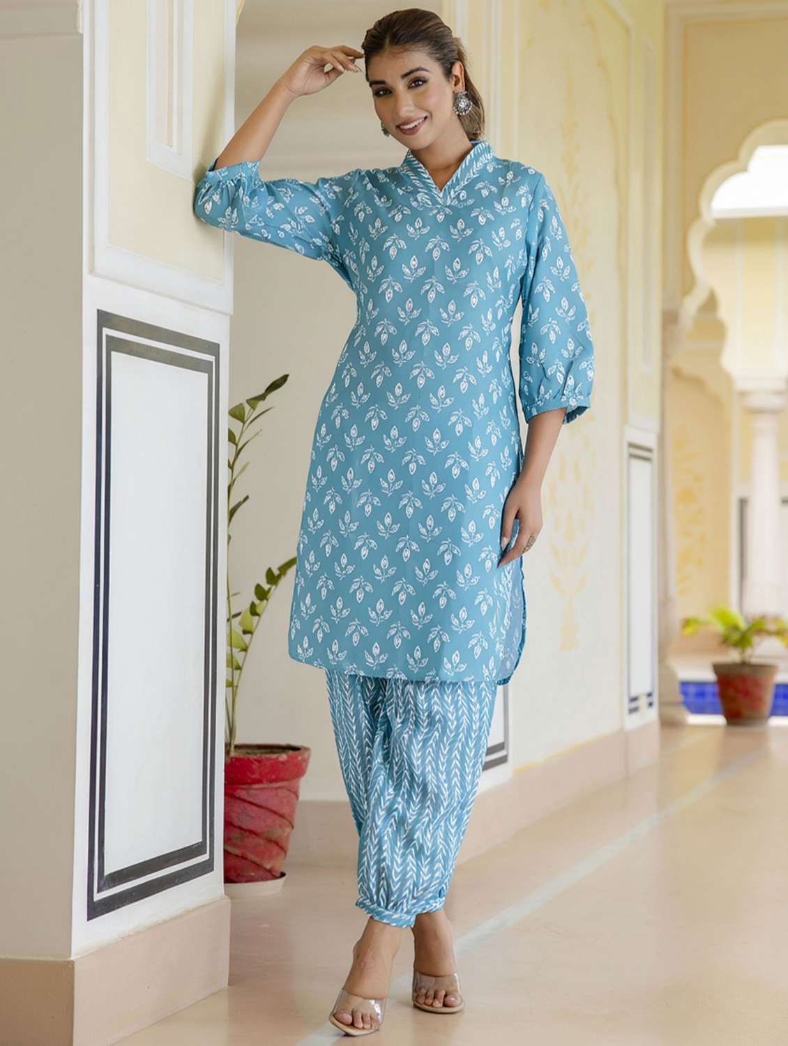 women printed three quarter sleeve kurta salwar set - 22393025 -  Standard Image - 2