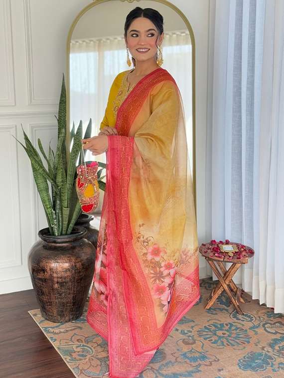 women solid with work three quarter sleeve kurta pant with dupatta set - 22393038 -  Standard Image - 2